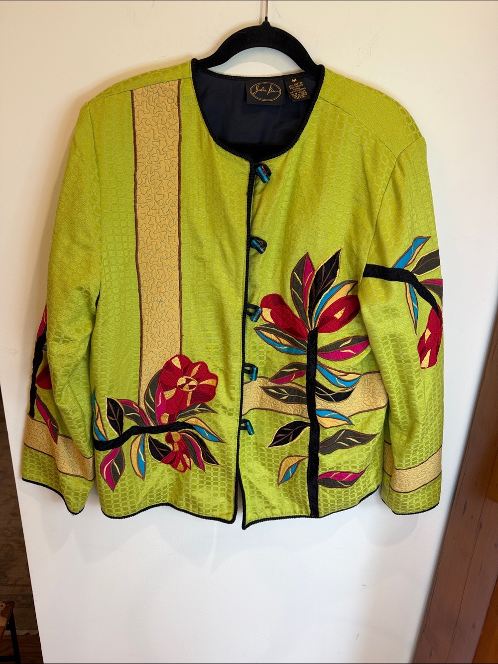 Lime Green Julia Kim Embroidered Floral Jacket w/Glass Look Painted Buttons, M